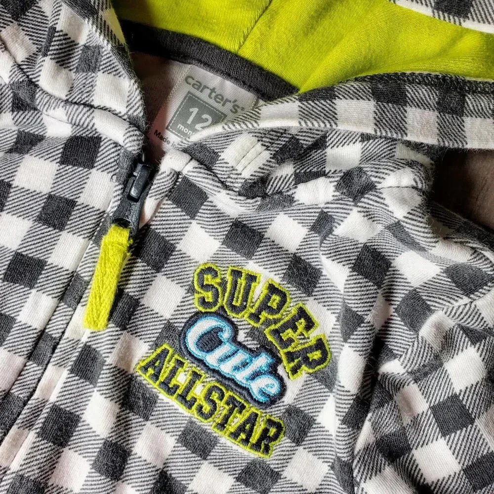 Carter's Gray and White Checkered Hooded Jacket Full Zip Baby Boy Size 12m EUC